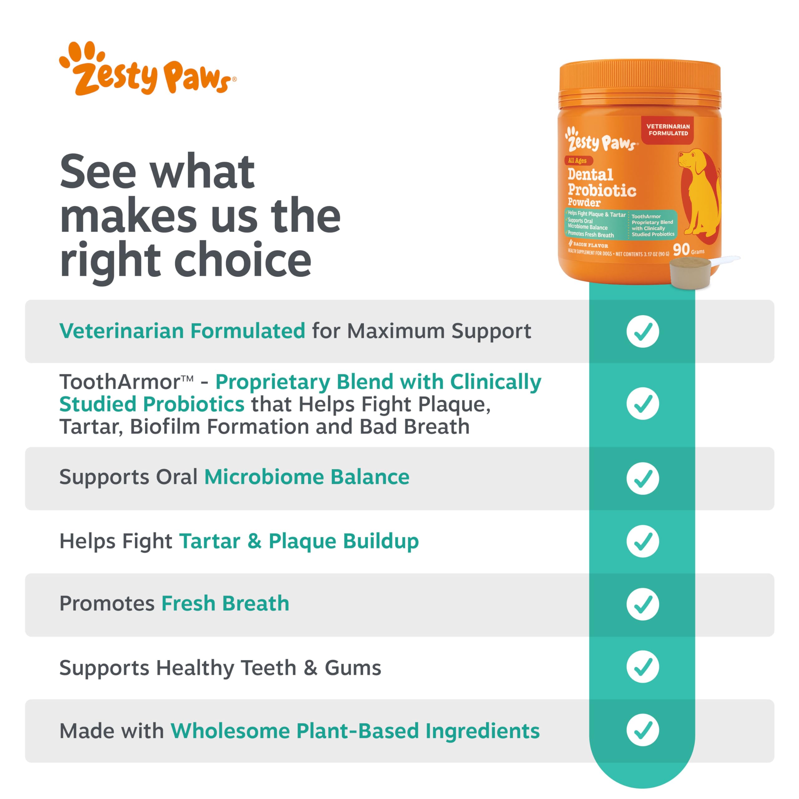 Zesty Paws Polvo Probiotico Dental para Perros equilibrio del microbioma oral.