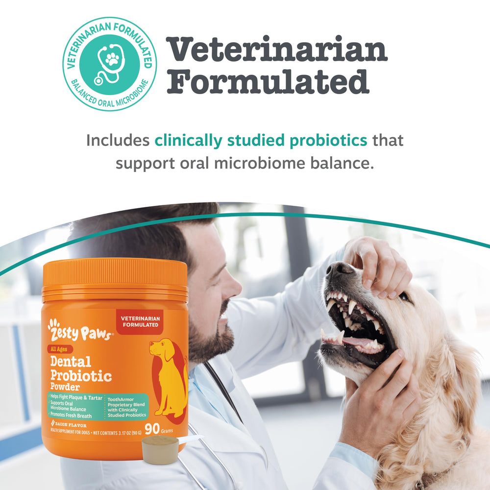 Zesty Paws Polvo Probiotico Dental para Perros apoyo digestivo diario.