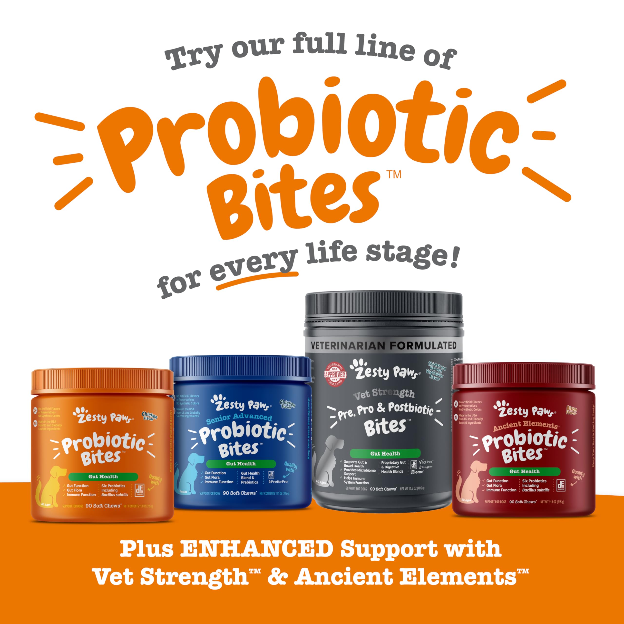 Zesty Paws Probioticos, apto para todas las razas y tamaños.