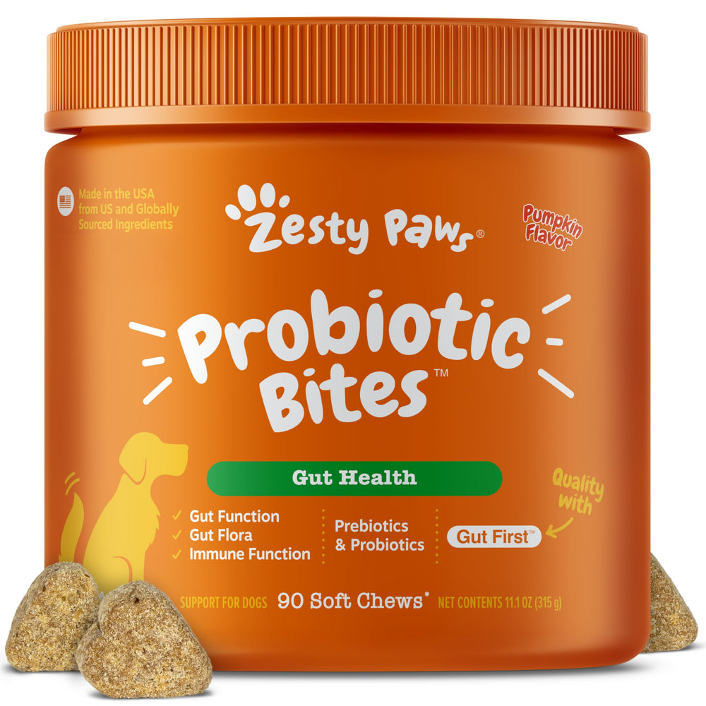 Zesty Paws Probióticos para perro: bocado suave que apoya la digestión diaria.