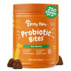 Zesty Paws Probiotics para perros, empaque visible, apoya la salud intestinal