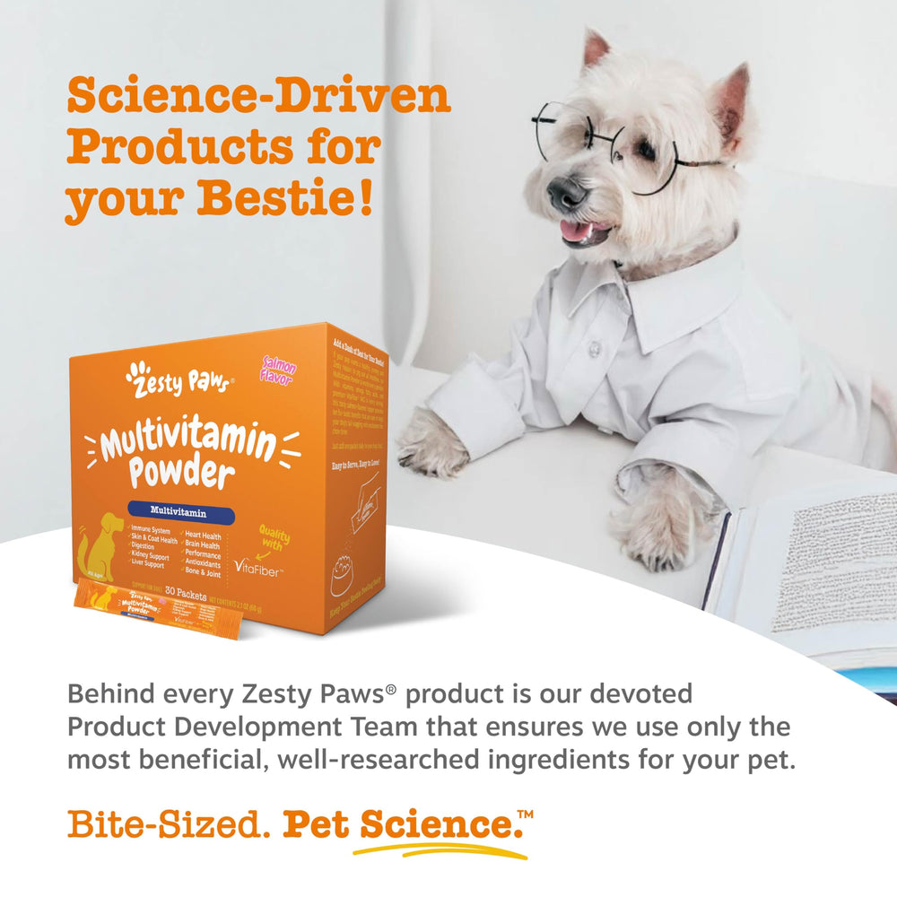 Zesty Paws, polvo con sabor a salmón, mezcla fácil en comida.