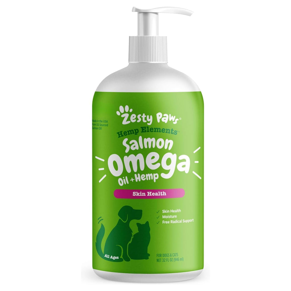 Zesty Paws Salmon Omega Oil en botella con gotero para apoyar la salud de la piel.