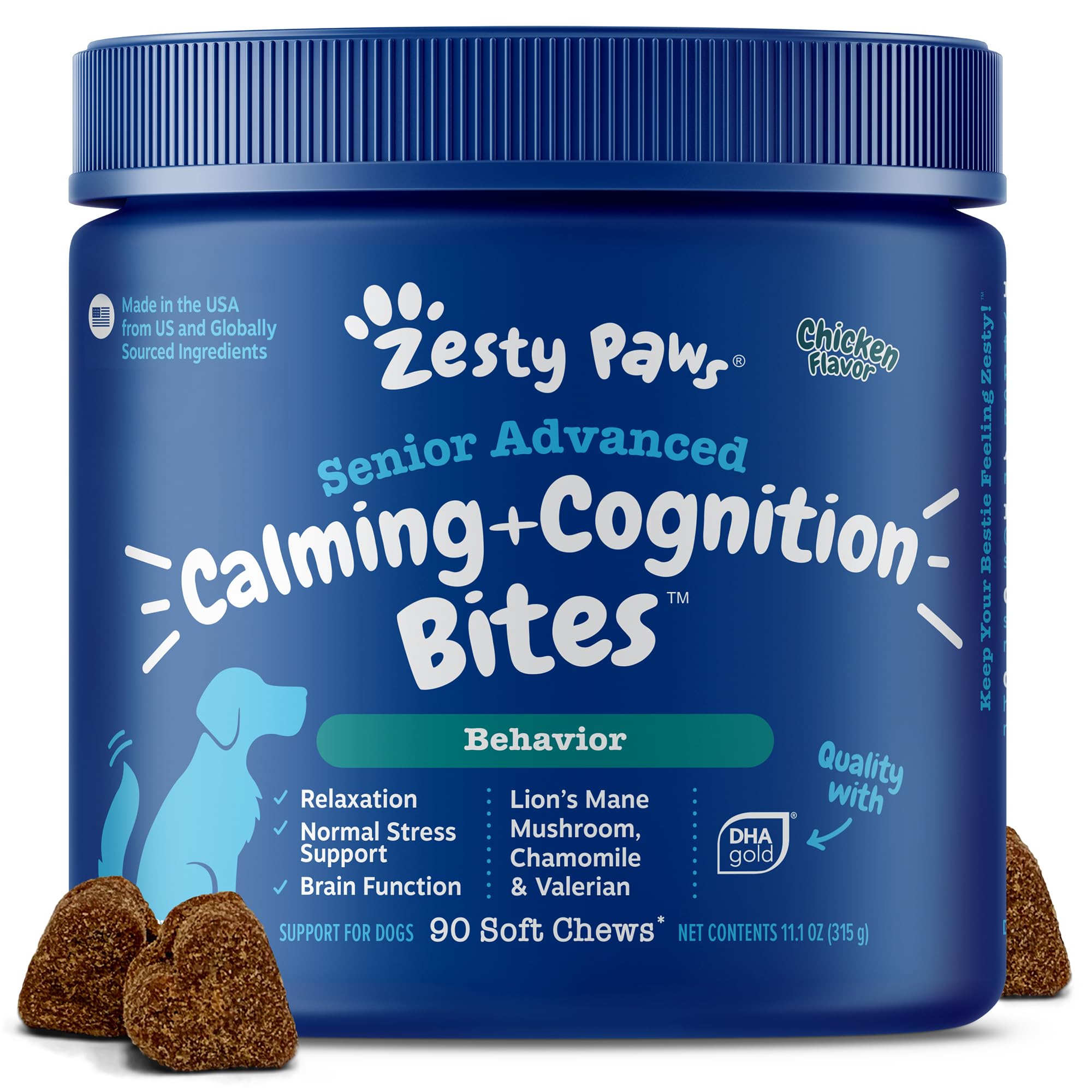 Zesty Paws Senior Calming Cognition: envase abierto con croquetas suaves para apoyo cerebral