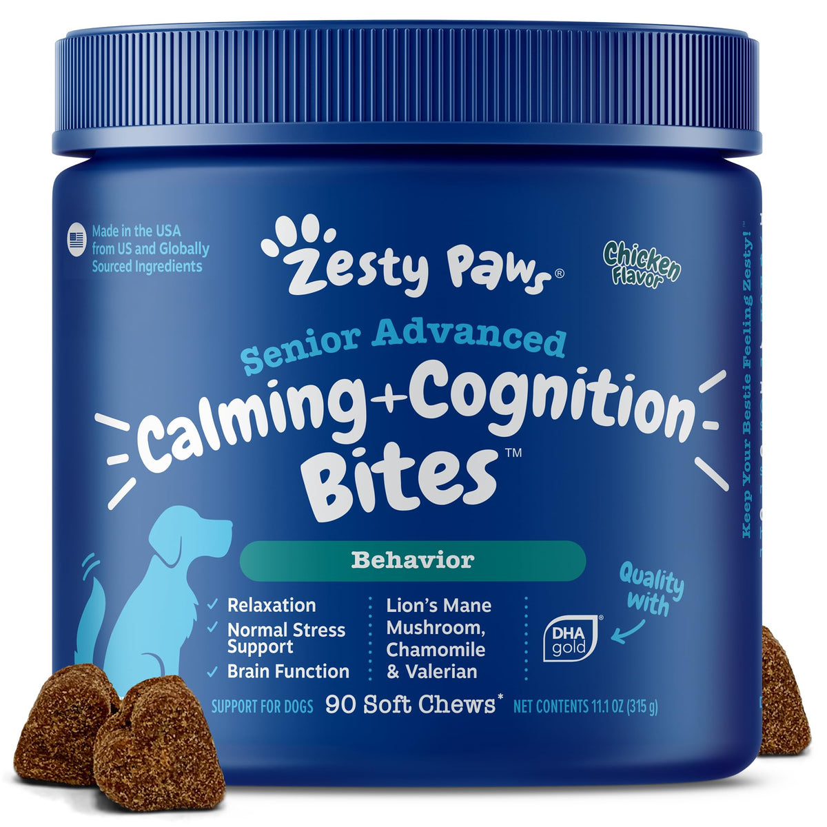 Zesty Paws Senior Calming Cognition: envase abierto con croquetas suaves para apoyo cerebral