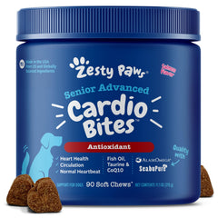 Zesty Paws Cardiovascular Senior, empaque, posible apoyo a la salud cardíaca de perros adultos.