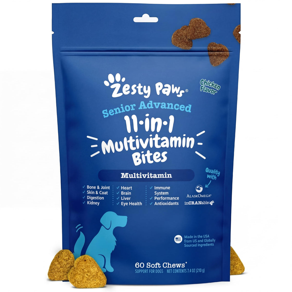 Zesty Paws Senior Dog Multivitamin: empaque visible, apoyo general para perros mayores.