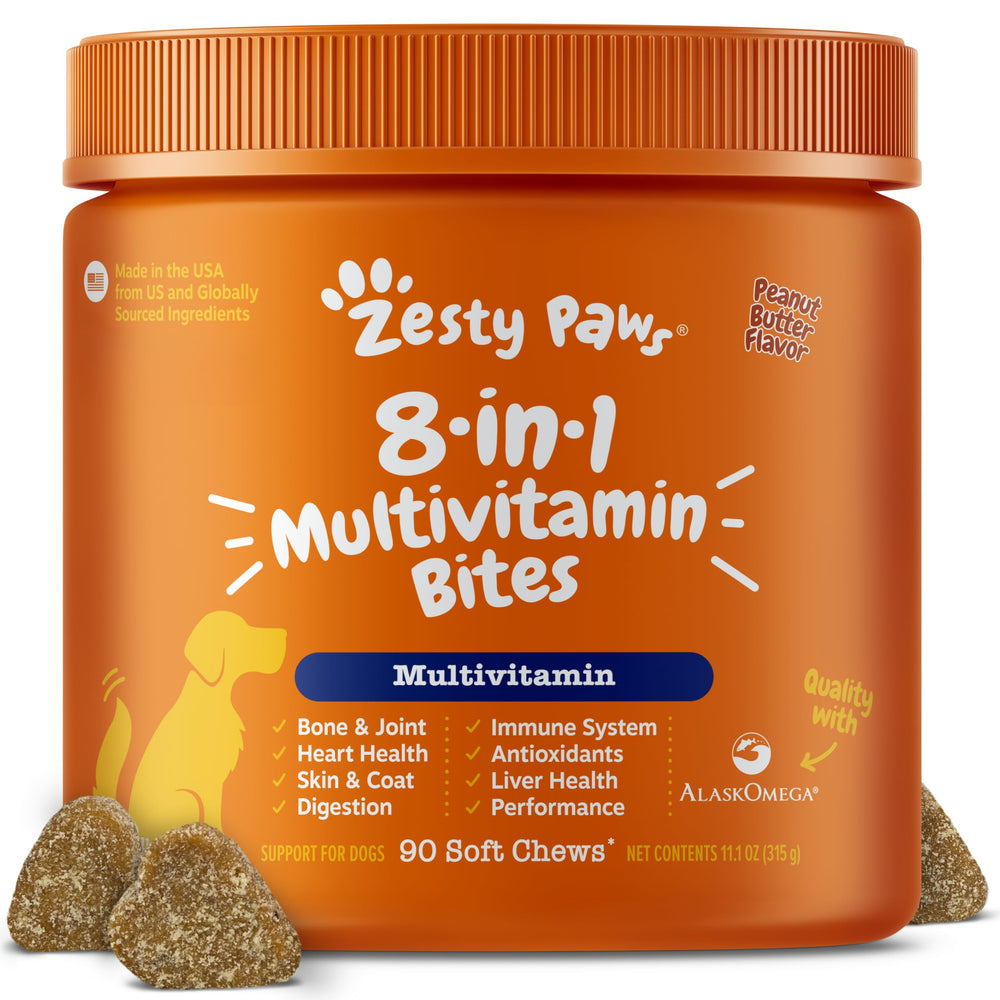 Tabletas multivitamínicas Zesty Paws para perros, apoyo general de salud.