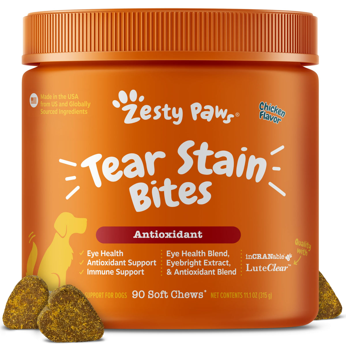 Gomitas de Zesty Paws Tear Stain Support en bote, sabor pollo, para apoyar la humedad ocular.