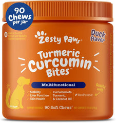 Zesty Paws Turmeric Curcumin para perros: empaque claro con beneficios para movilidad.