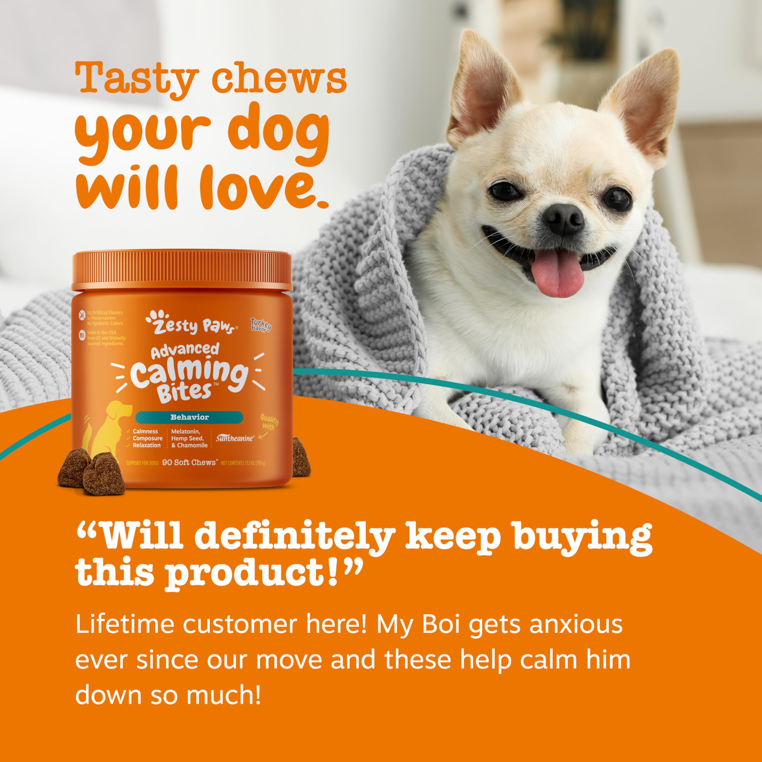 Zesty Paws ayuda a mantener la calma durante tormentas para perros.