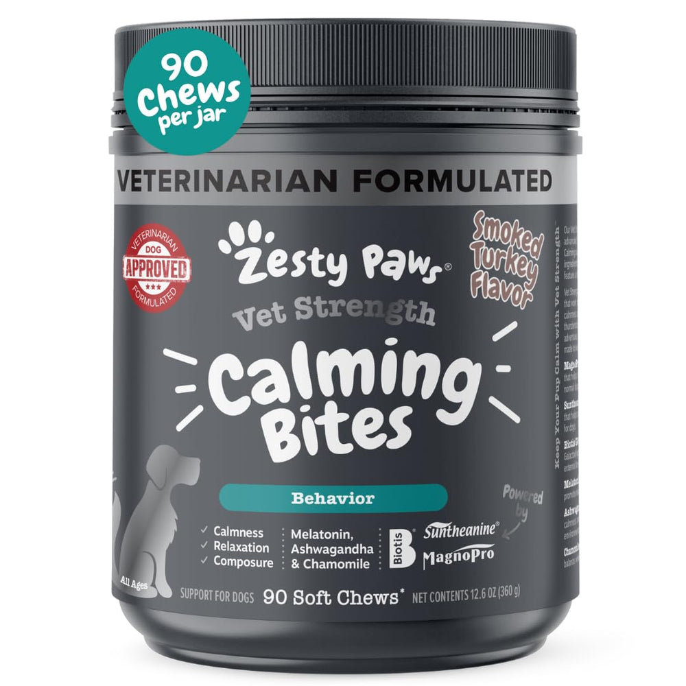 Zesty Paws Vet Strength Calming Bites envase para dosificación diaria ayuda al manejo del estrés normal