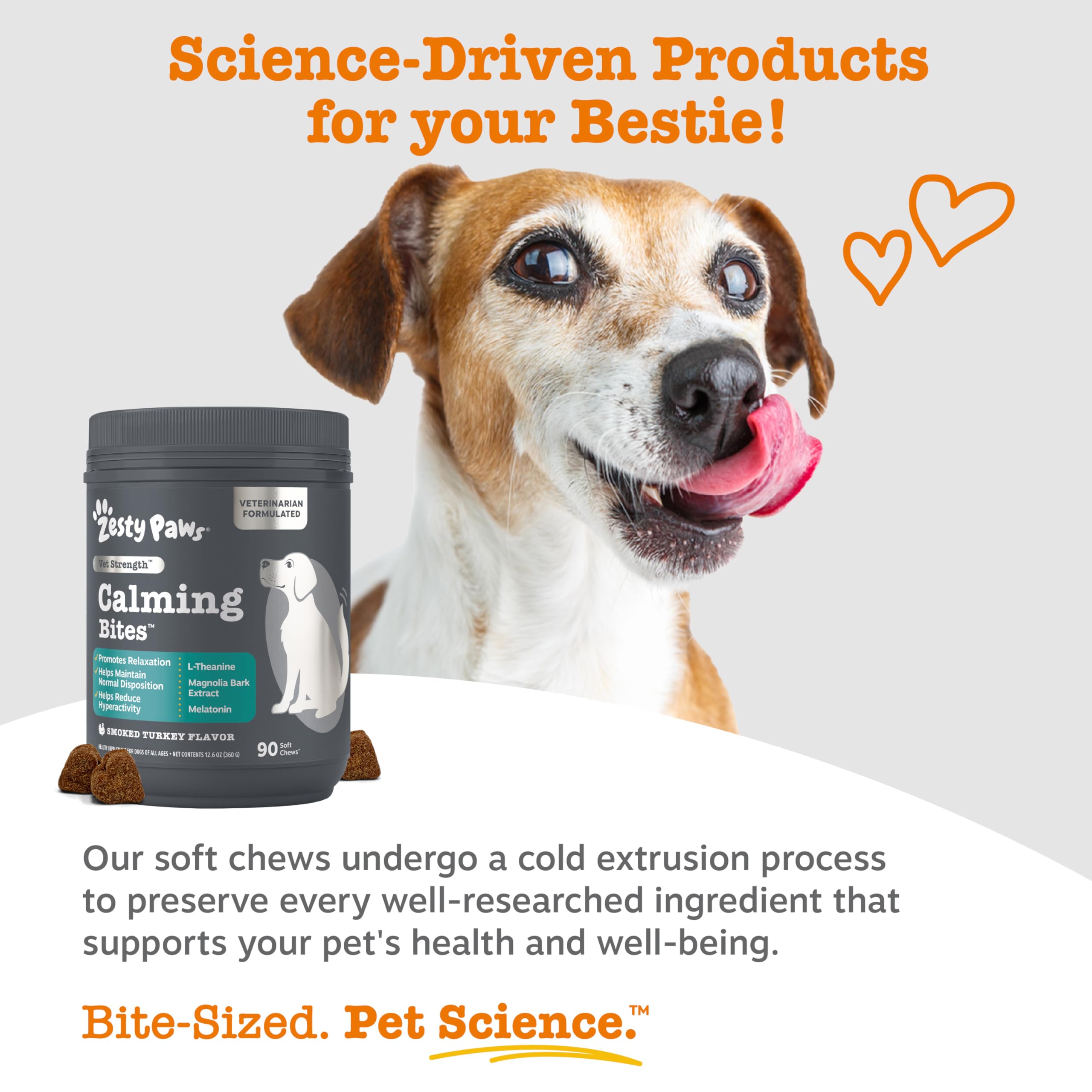 Zesty Paws Vet Strength Calming Bites perro disfrutando el snack suave