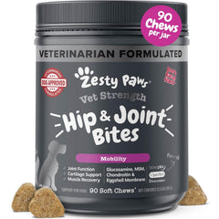 Envase frontal de Zesty Paws Vet Strength Mobility Bites para fácil dosificación en perros