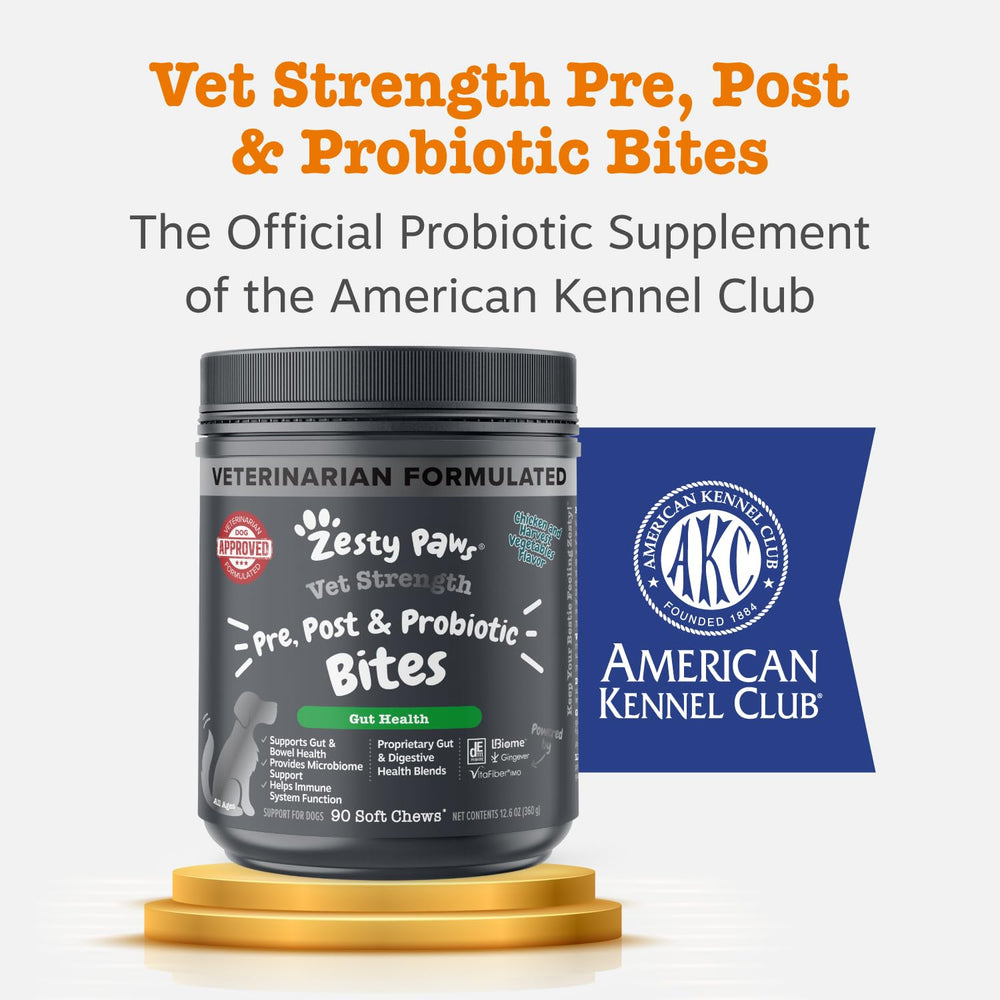 Zesty Paws Vet Strength Probiotics, uso diario seguro para el bienestar digestivo.