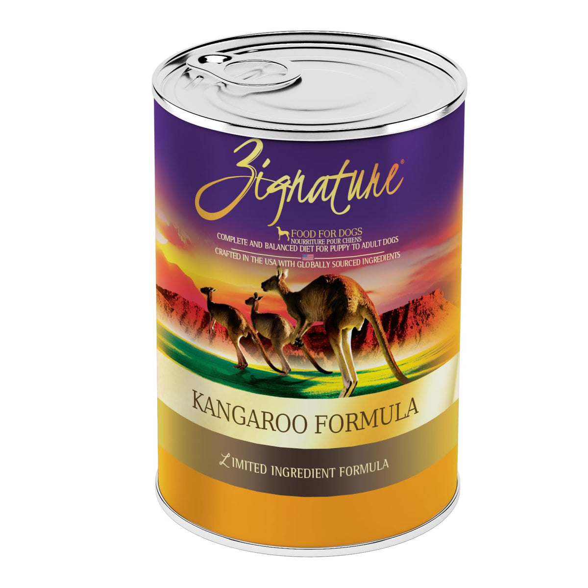 Zignature canguro en lata de 12 oz, proteína de calidad para perros activos.