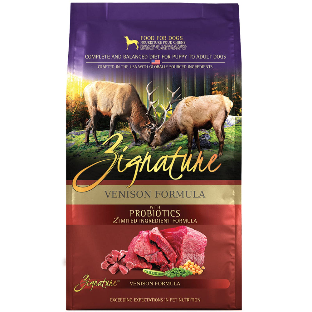 Empaque frontal de Zignature Ciervo, ideal para dieta de proteína única.