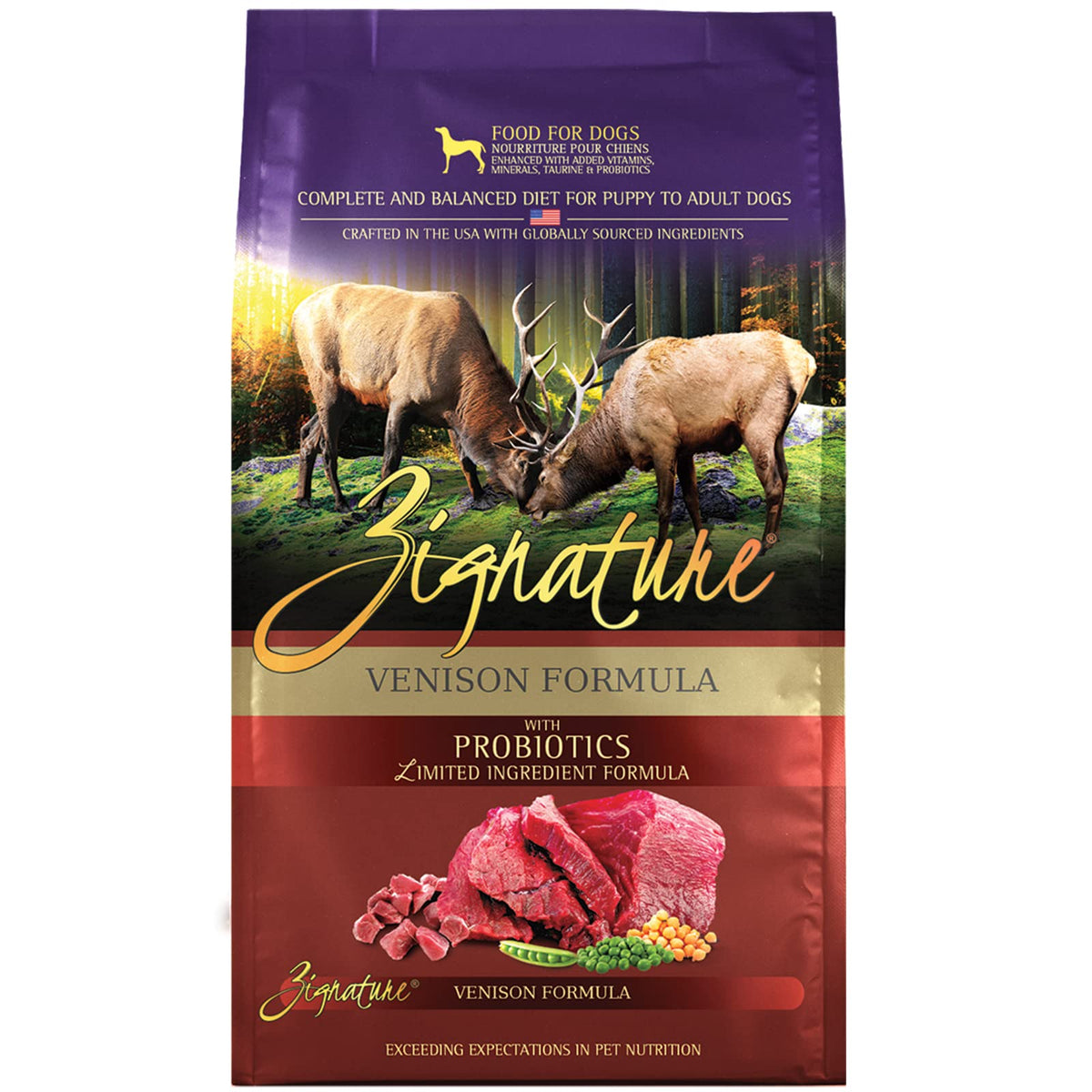 Empaque frontal de Zignature Ciervo, ideal para dieta de proteína única.