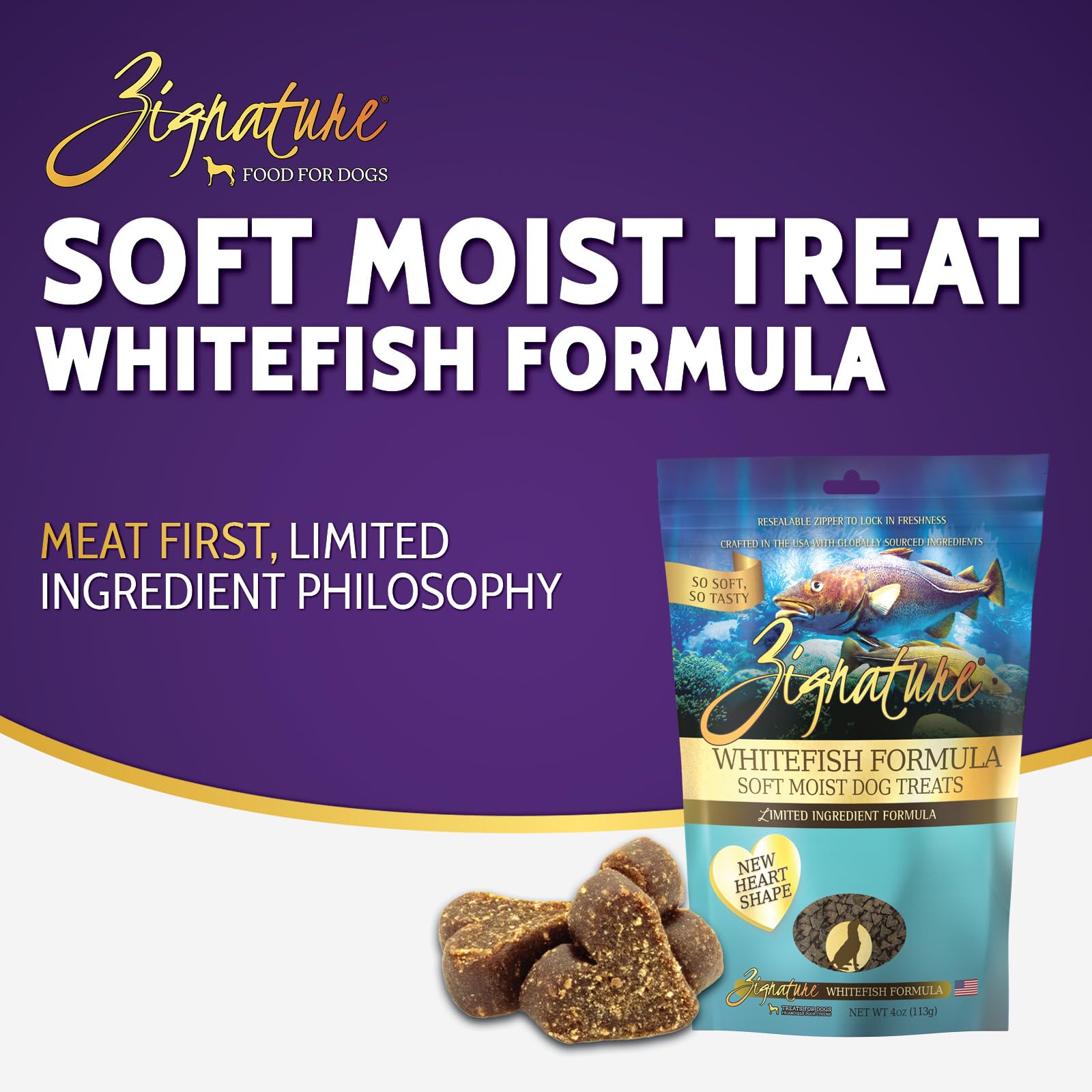 Zignature resalta el pescado blanco como ingrediente principal para una proteína sabrosa.