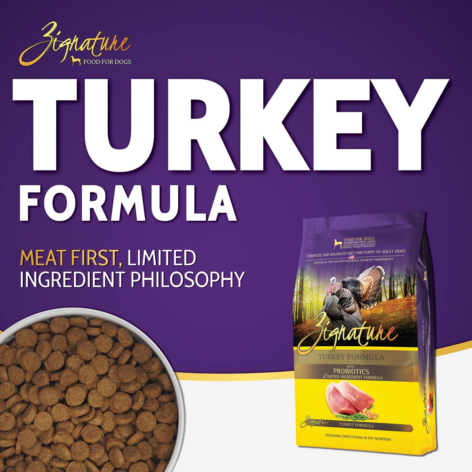 Zignature Pavo: bolsa 4lb frente, destacando la presentación y la marca para comprar con confianza.