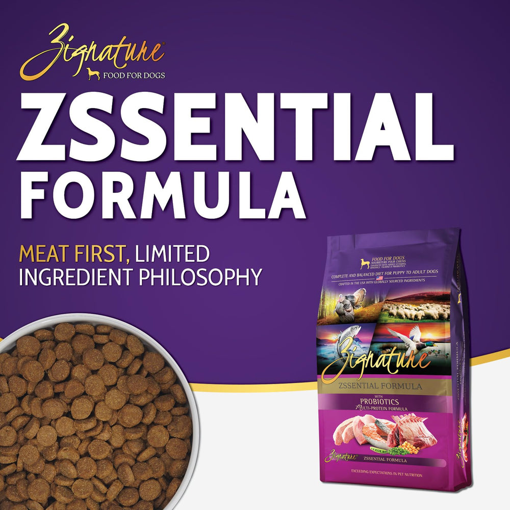 Zignature Zssential: proteínas animales y pescado como ingredientes principales para una dieta balanceada.