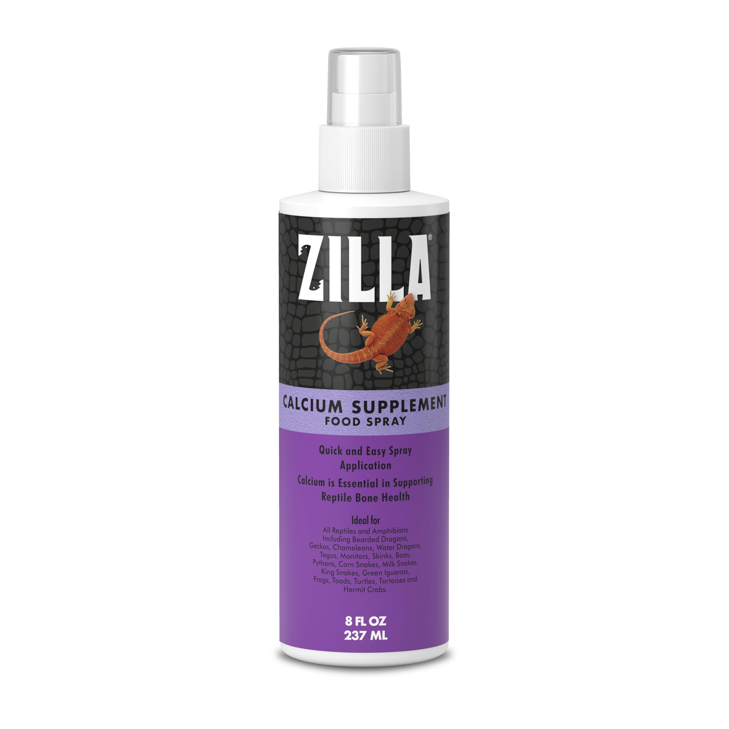 Zilla Calcium Spray en botella listo para aplicar sobre comida de reptiles.