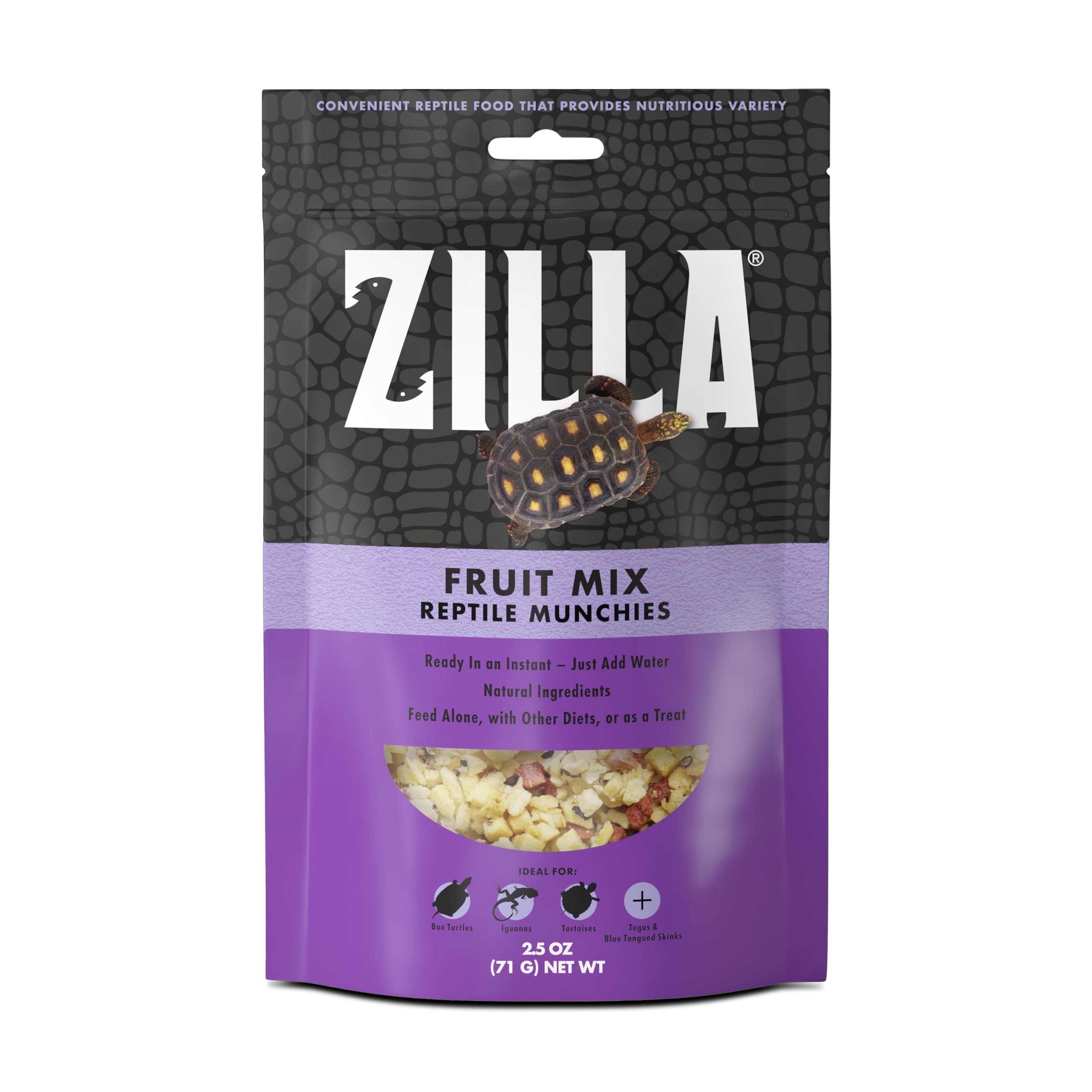 Zilla Reptile Munchies envase con mezcla de frutas para reptiles, práctico para guardar