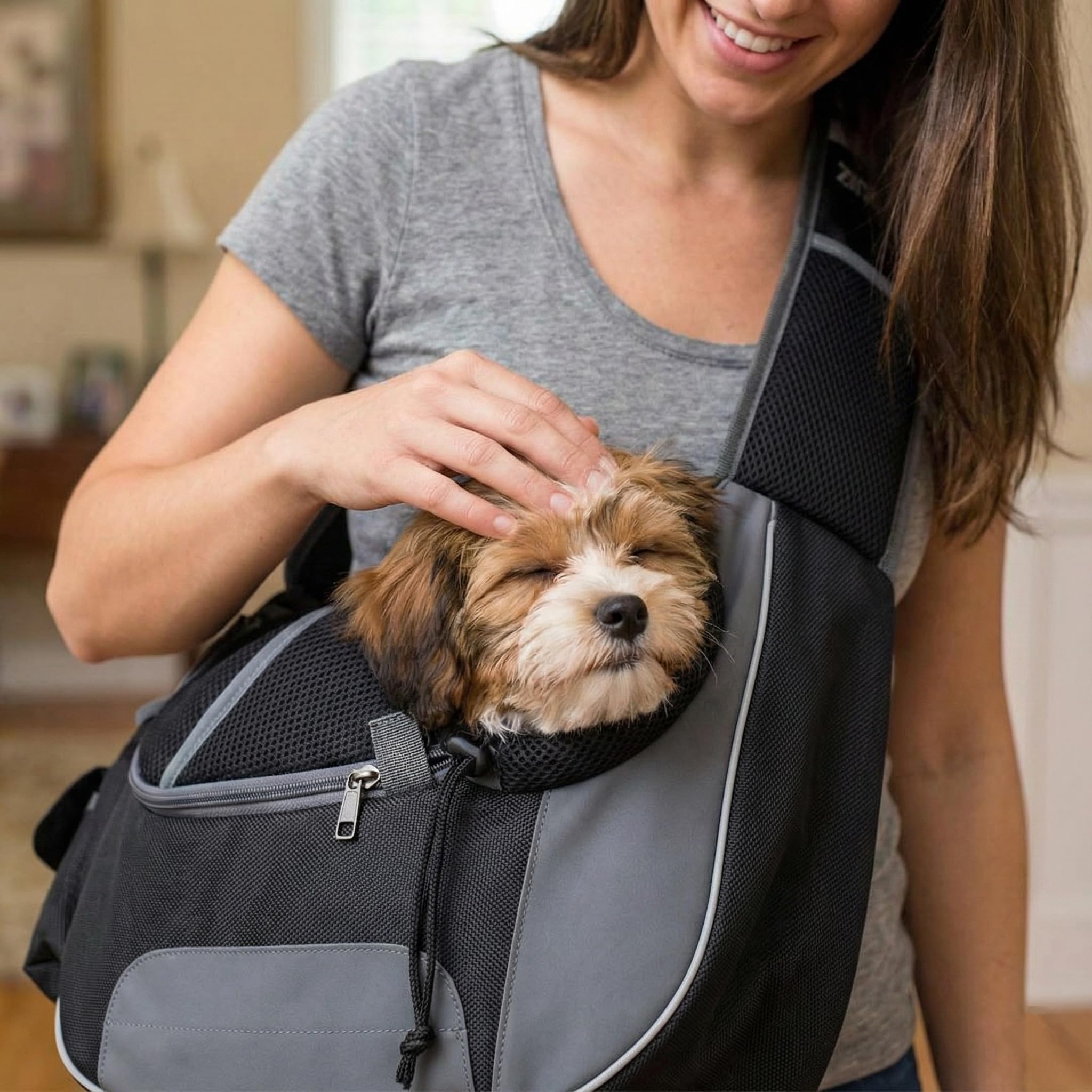 Zingaroo sling-mascota uso urbano cómodo y práctico.