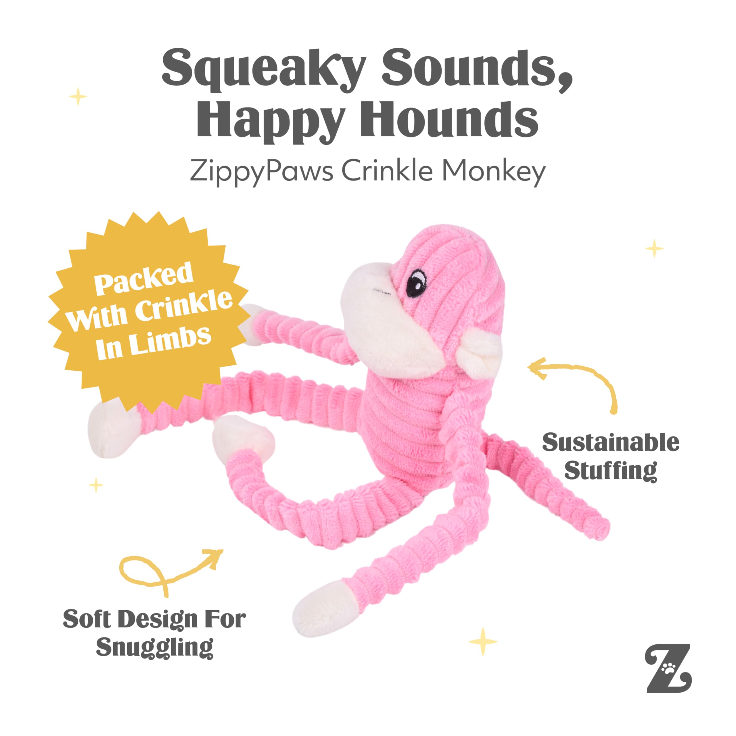 ZippyPaws Crinkle Monkey, sonido redondo que estimula la curiosidad durante el juego