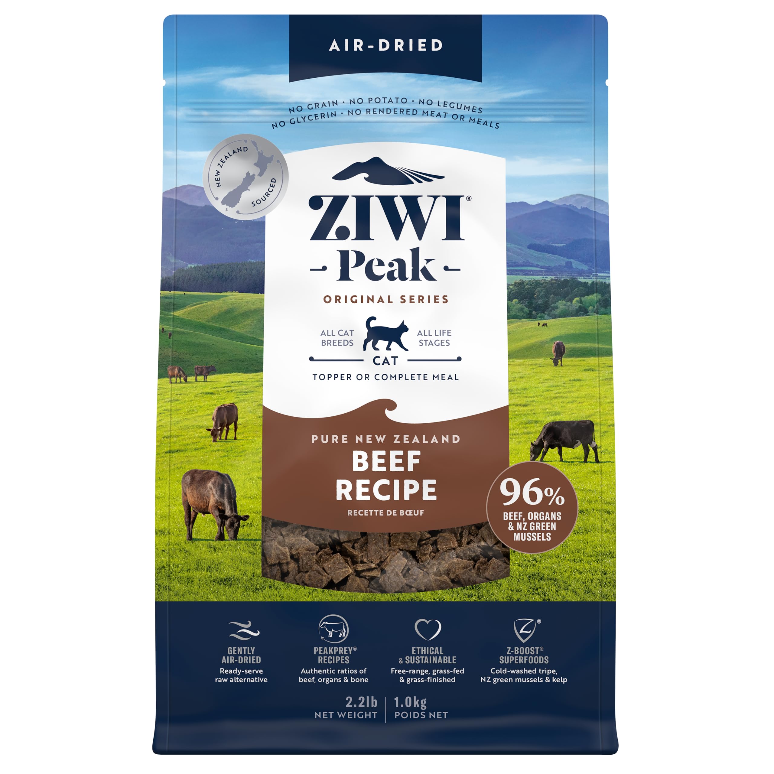 Alimento de ZIWI Peak con carne de res, alta proteína para gatos activos.