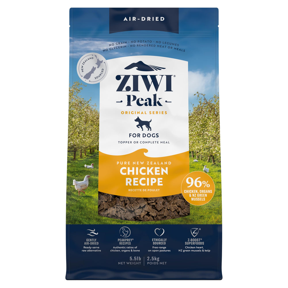 La bolsa de Ziwi Peak pollo muestra alimento seco de alta proteína, ideal como comida principal.