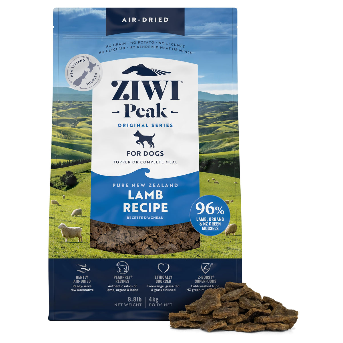 ZIWI Peak cordero seco bolsa: ingredientes clave para nutrición completa.