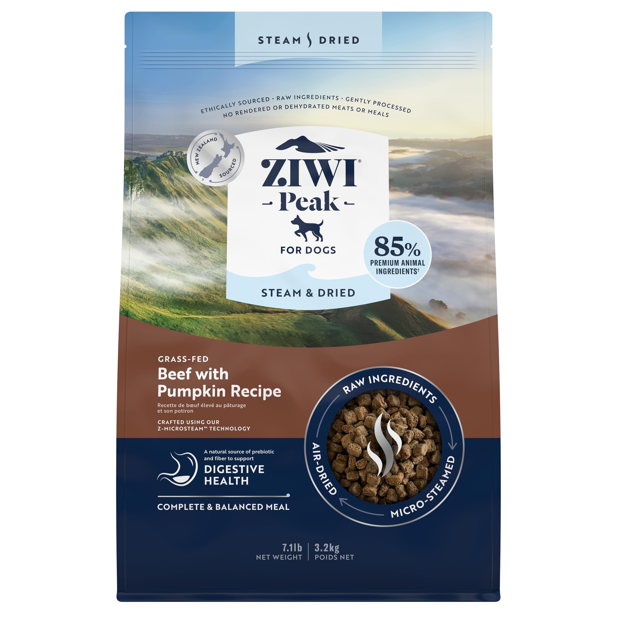 ZIWI Peak Steam & Dried, empaque visible para perros de todas las edades.
