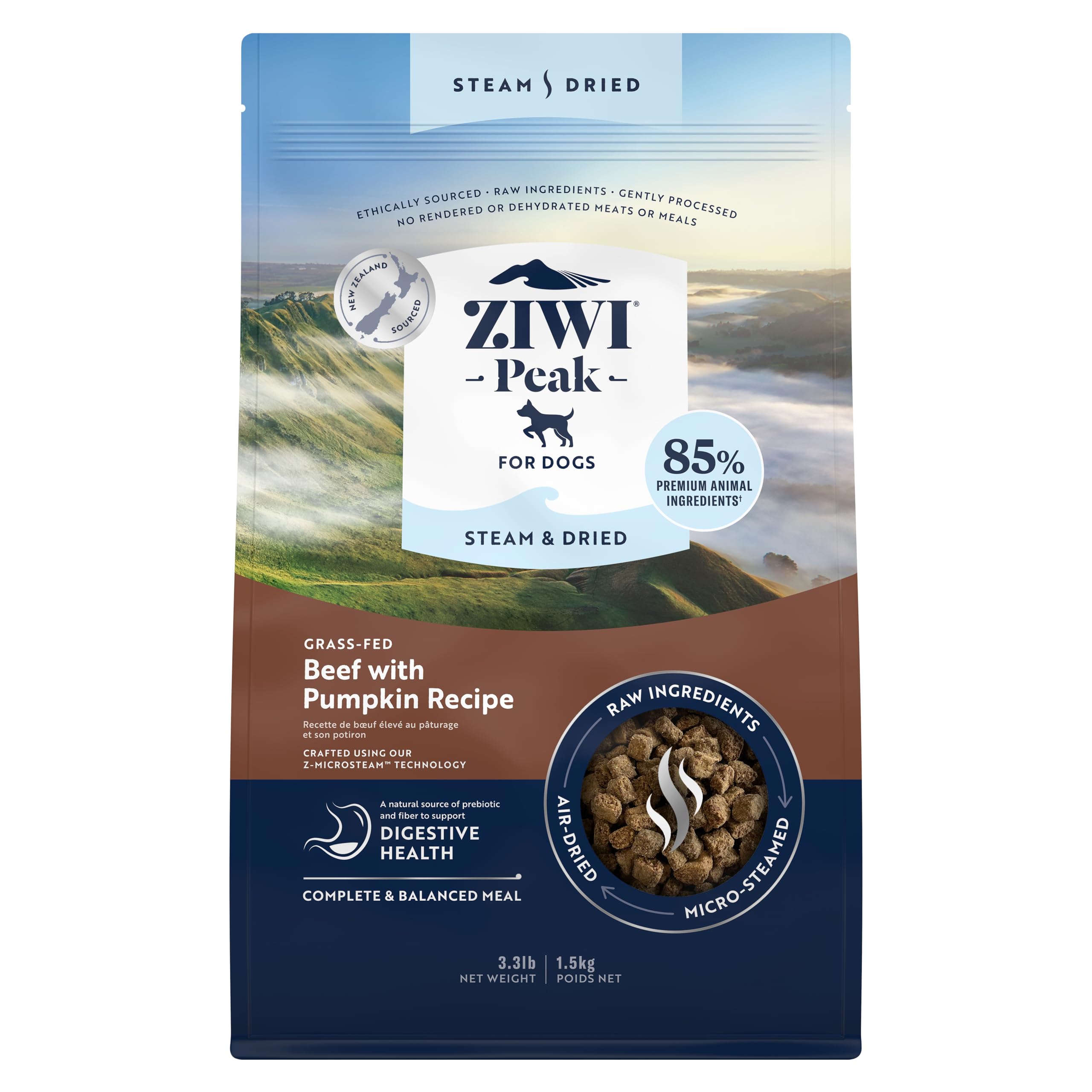 Ziwi Peak Steam & Dried, alimento para perro sin granos, sabor natural y completo.