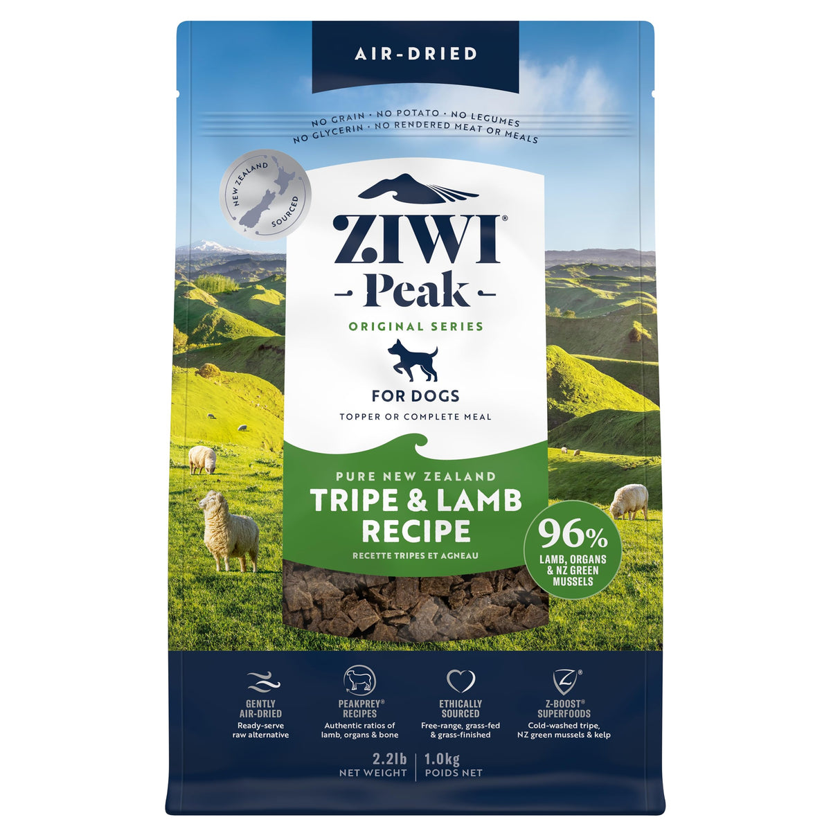 ZIWI Peak Tripa verde y cordero en bol, nutrición sabrosa para perros.