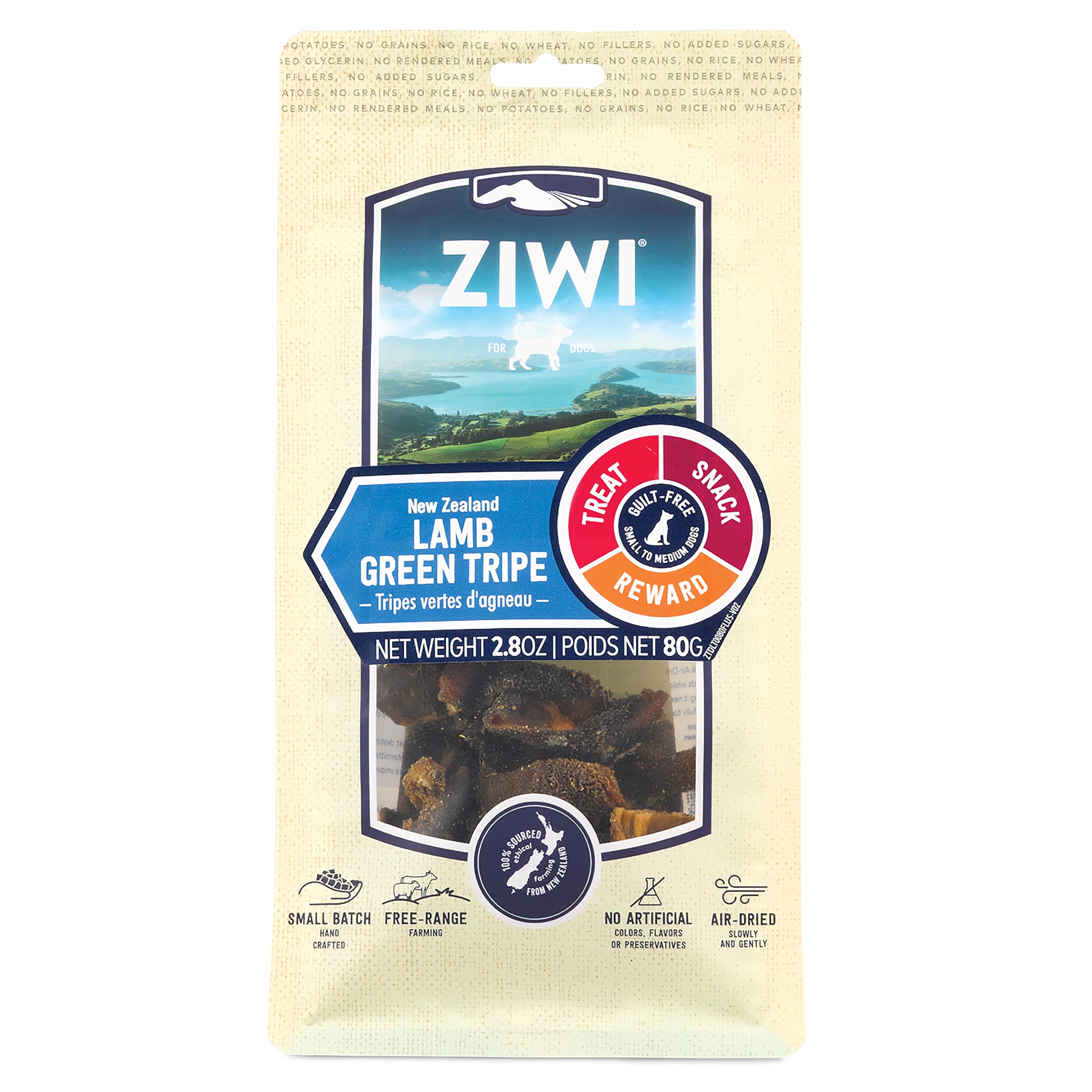 ZIWI Tripa verde de cordero: envase sellado, ideal para premio durante entrenamientos.