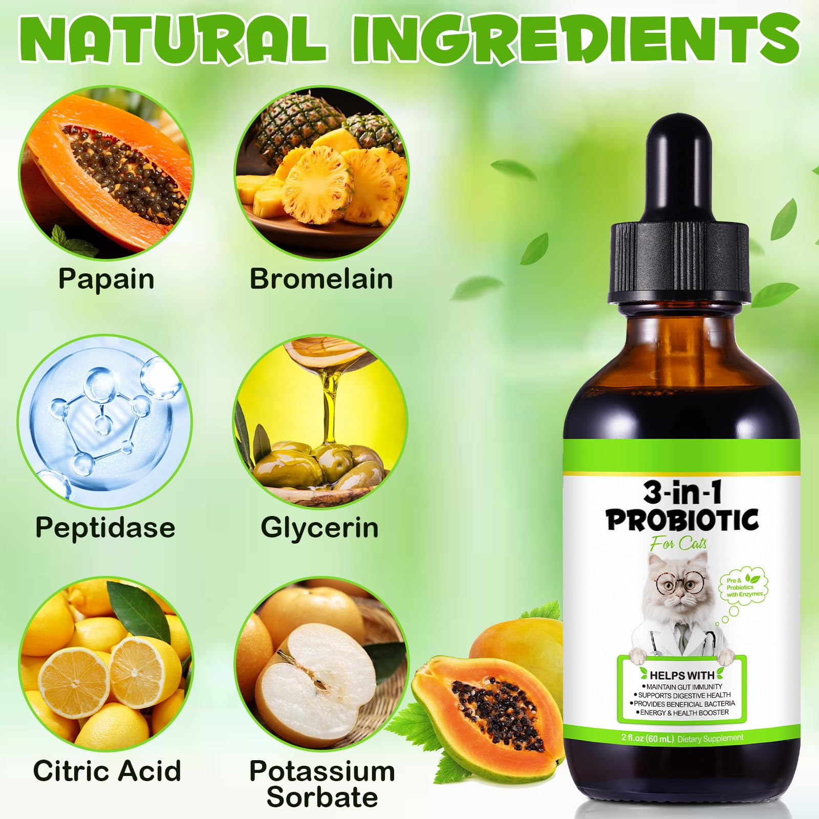 ZIXBMHYJ Probiotics para gatos: etiqueta con ingredientes naturales