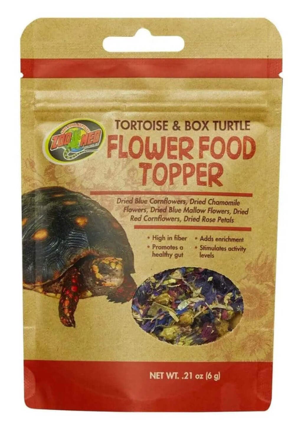 Zoo Med empaque con complemento floral para tortugas, facilita la administración diaria.