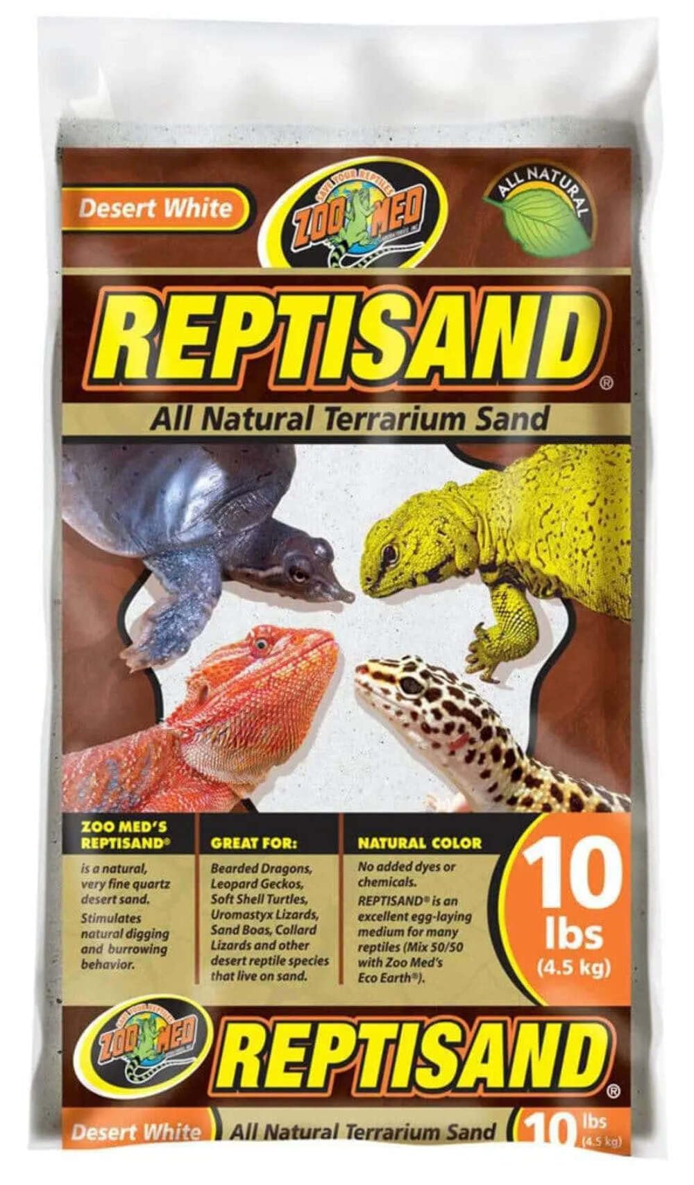 Zoo Med arena desértica blanca, favorece reptiles para excavación y comportamiento natural.