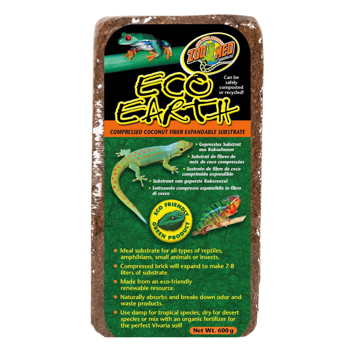 Zoo Med Eco Earth bloque coco compactado, sustrato seguro para reptiles.