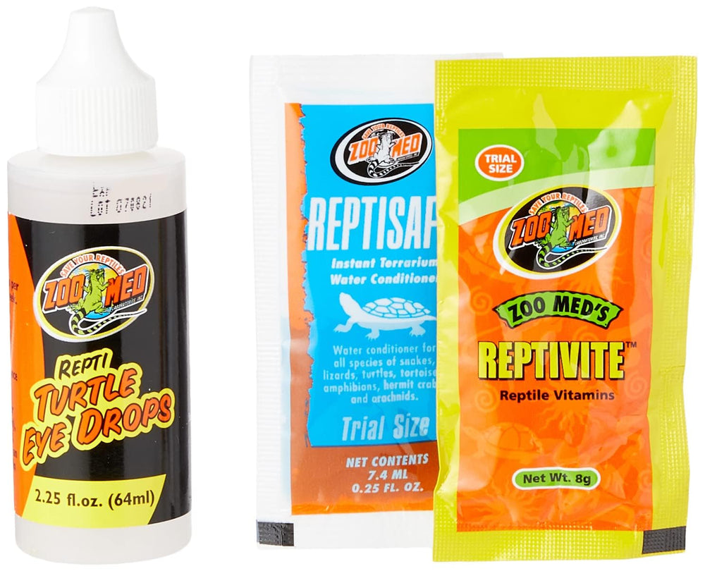 Envase de Zoo Med Repti Gotas Oculares para tortugas con etiqueta.