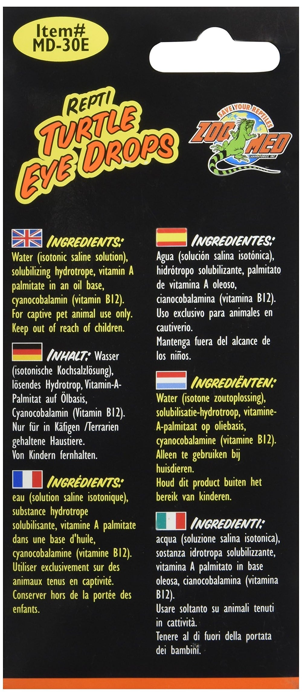Lista de ingredientes de Zoo Med Repti Gotas Oculares para transparencia.