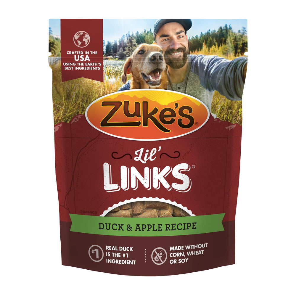 Frente del paquete de Zuke’s Lil’ Links con pato real y manzana, snack sabroso