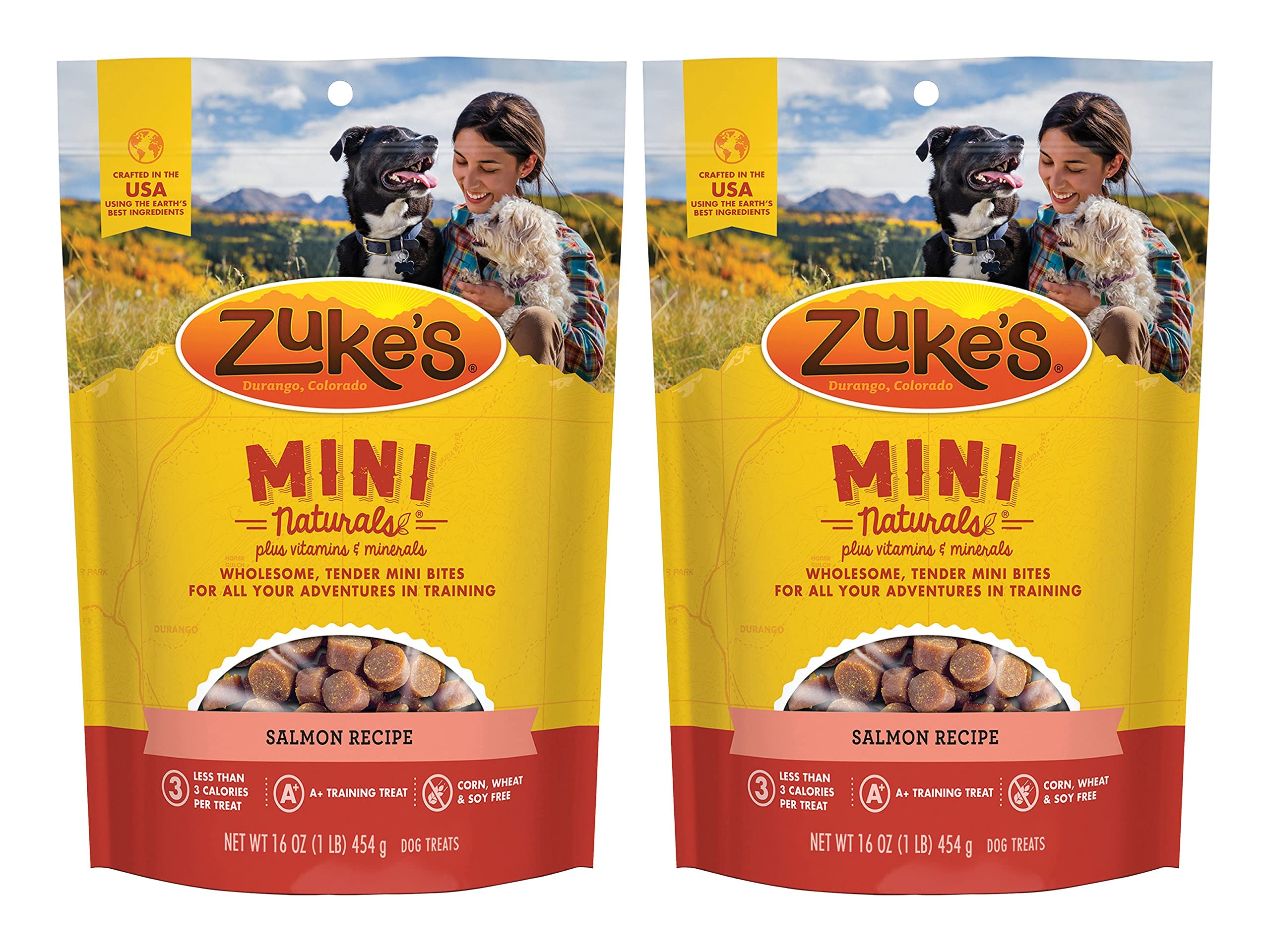 Zuke's Mini Naturals Salmón en envase reutilizable para recompensas rápidas.