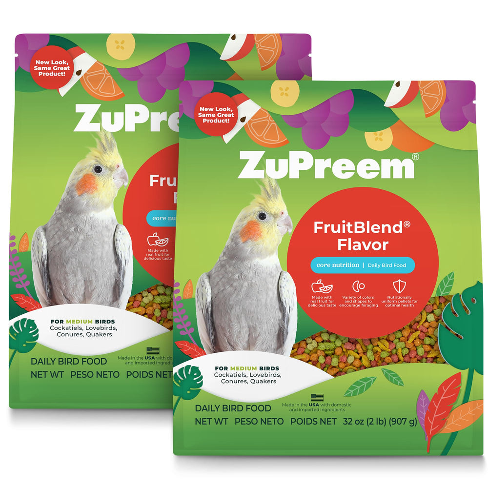 ZuPreem FruitBlend pellets para aves de tamaño medio en empaque, ideal para dieta diaria.