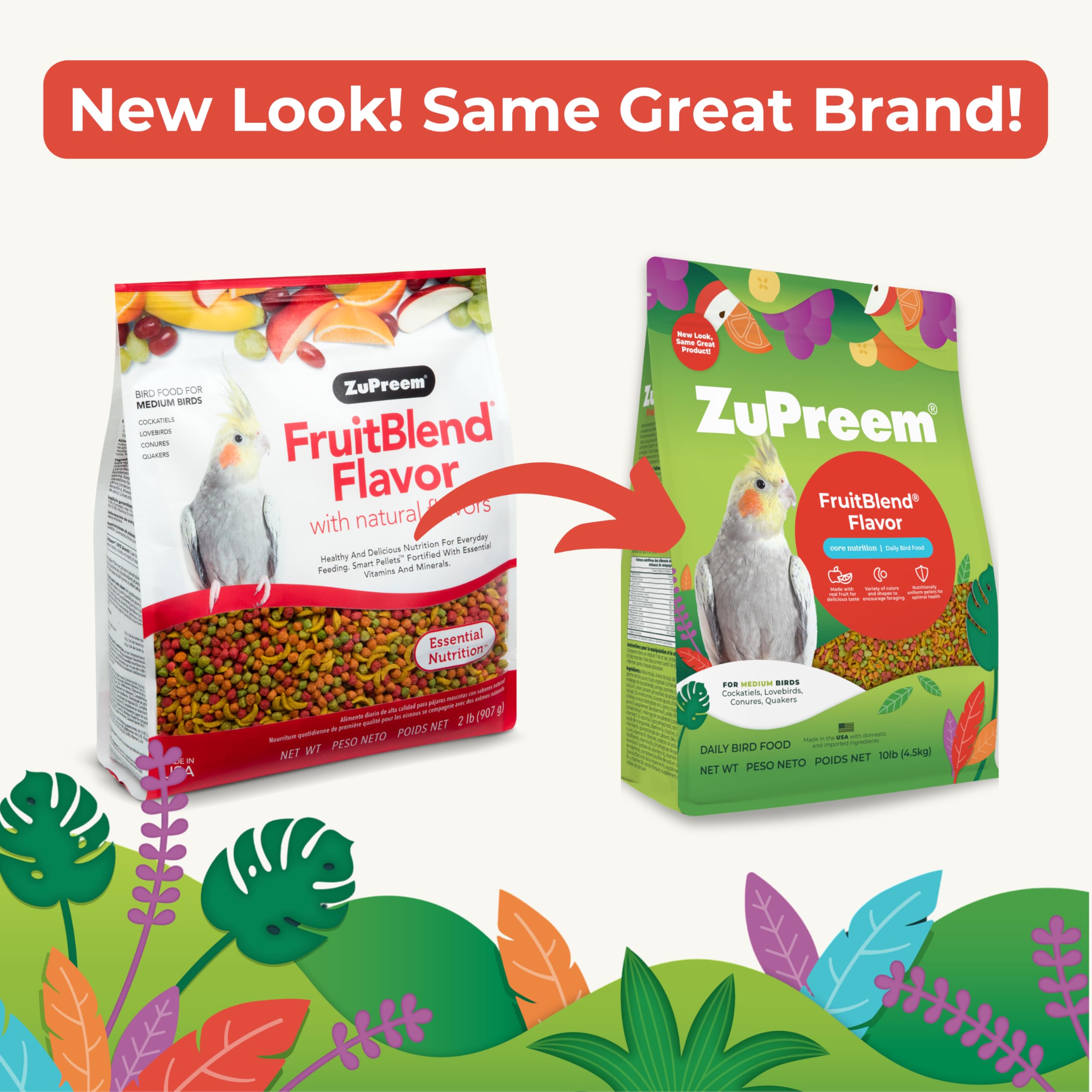 ZuPreem FruitBlend pellets para aves, colores de frutas y sabores naturales.