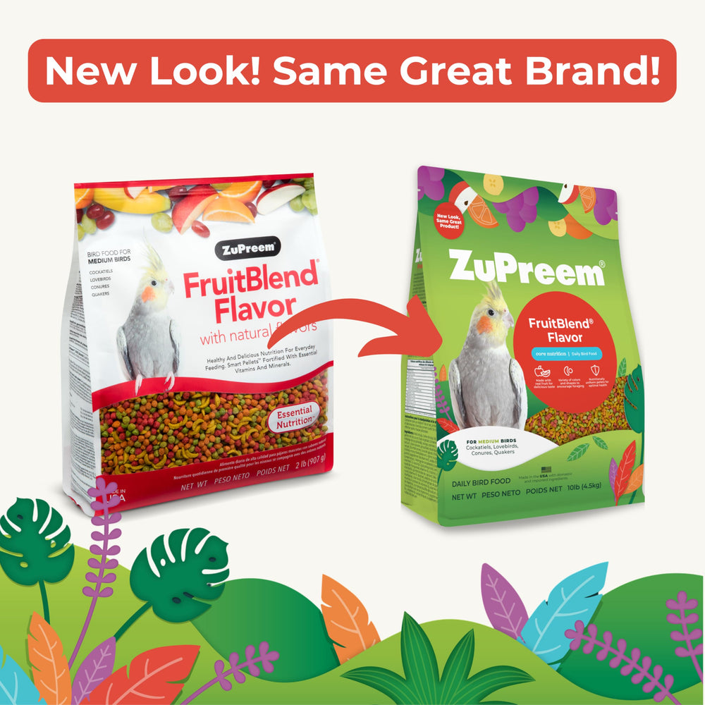ZuPreem FruitBlend pellets para aves, colores de frutas y sabores naturales.