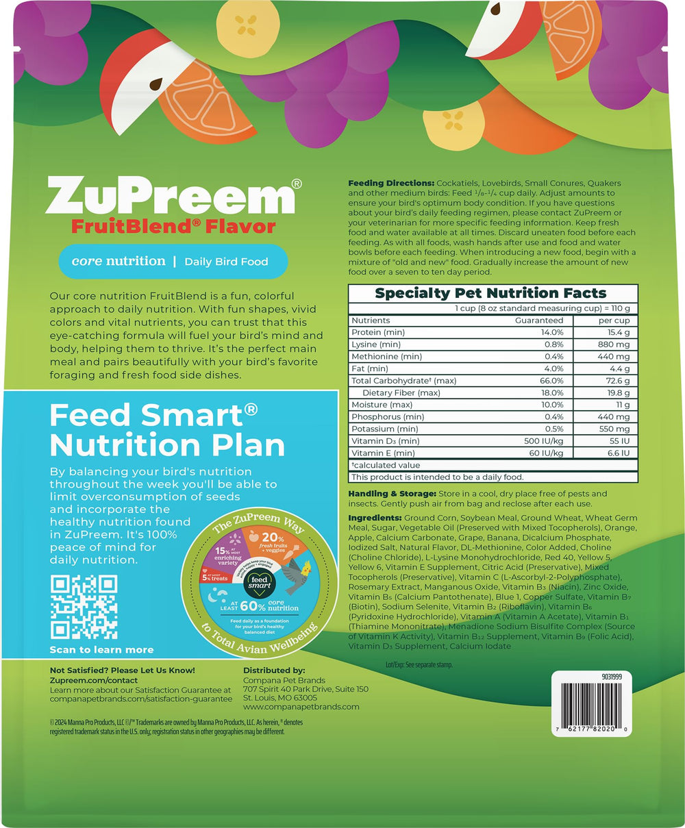 ZuPreem FruitBlend pellets con nutrientes esenciales para la dieta diaria.