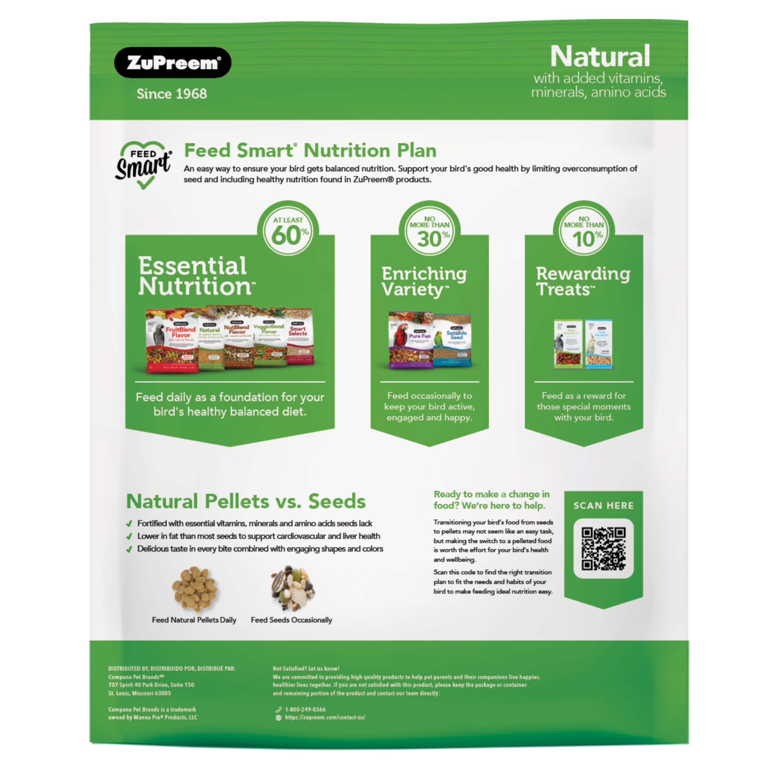 ZuPreem Natural con vitaminas añadidas apoya la salud general de las aves.