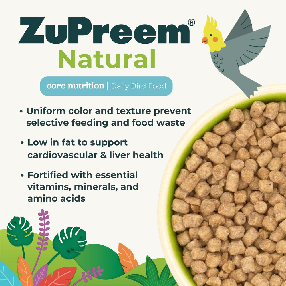 ZuPreem Natural: nutrición completa con vitaminas añadidas para aves de tamaño medio.
